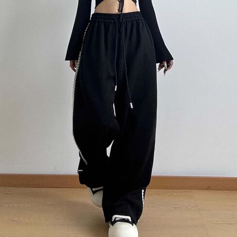 Womens Fashion Lace Trim Sweat Pants Elastic High Waist Drawstring Wide Leg Lounge Pants with Pocket for Yoga in Kuwait