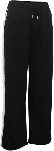 Womens Fashion Lace Trim Sweat Pants Elastic High Waist Drawstring Wide Leg Lounge Pants with Pocket for Yoga in Kuwait