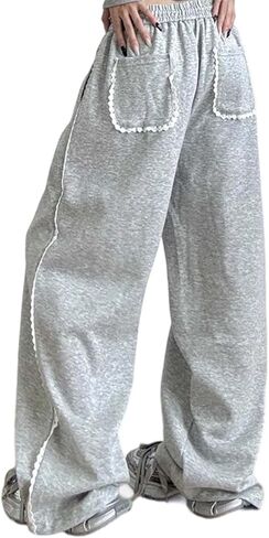 Womens Fashion Lace Trim Sweat Pants Elastic High Waist Drawstring Wide Leg Lounge Pants with Pocket for Yoga in Kuwait