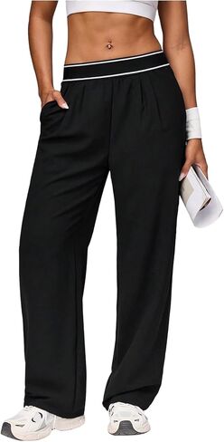 MakeMeChic Women's Wide Leg Track Pants Elastic Waist Athletic Sweatpants with Pocket in Saudi Arabia