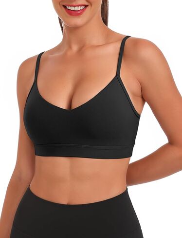 Buauty V Neck Sports Bra for Women, Padded Push up Women's Sport Bras Adjustable Thin Straps, Light Support Yoga Camisole Basic Top, Low Impact Spaghetti Strap Sport Racerback Bras Black S in Saudi Arabia