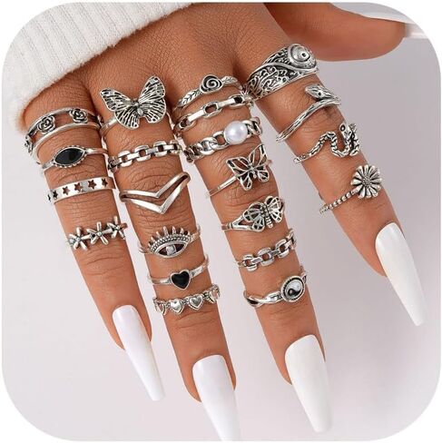 HUASAI Chunky Silver Rings Set Gothic Punk Rings Silver Butterfly Flower Pearl Ring Statement Ring Halloween Jewelry Gifts Trendy in Kuwait