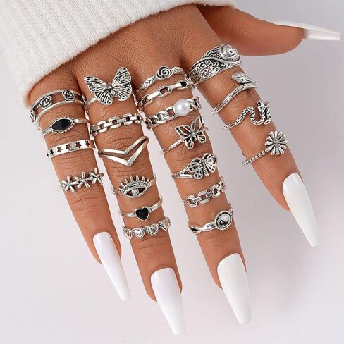 HUASAI Chunky Silver Rings Set Gothic Punk Rings Silver Butterfly Flower Pearl Ring Statement Ring Halloween Jewelry Gifts Trendy in Kuwait