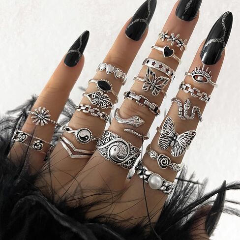 HUASAI Chunky Silver Rings Set Gothic Punk Rings Silver Butterfly Flower Pearl Ring Statement Ring Halloween Jewelry Gifts Trendy in Kuwait