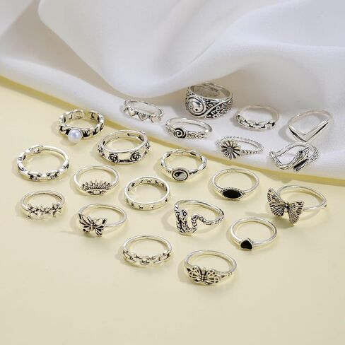 HUASAI Chunky Silver Rings Set Gothic Punk Rings Silver Butterfly Flower Pearl Ring Statement Ring Halloween Jewelry Gifts Trendy in Kuwait