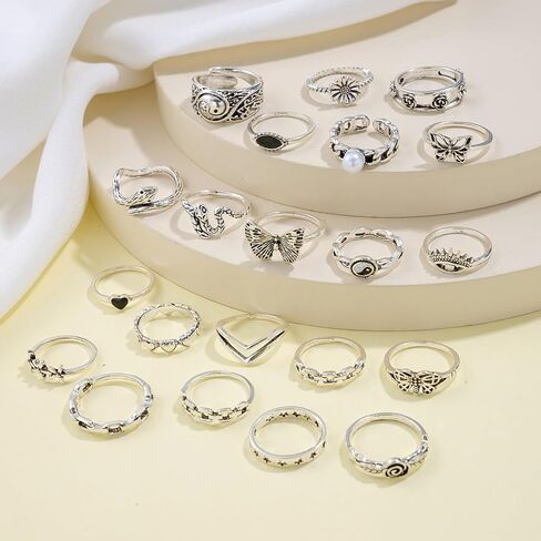 HUASAI Chunky Silver Rings Set Gothic Punk Rings Silver Butterfly Flower Pearl Ring Statement Ring Halloween Jewelry Gifts Trendy in Kuwait