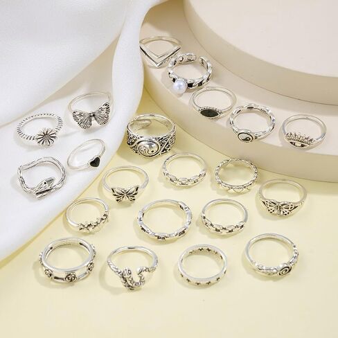 HUASAI Chunky Silver Rings Set Gothic Punk Rings Silver Butterfly Flower Pearl Ring Statement Ring Halloween Jewelry Gifts Trendy in Kuwait