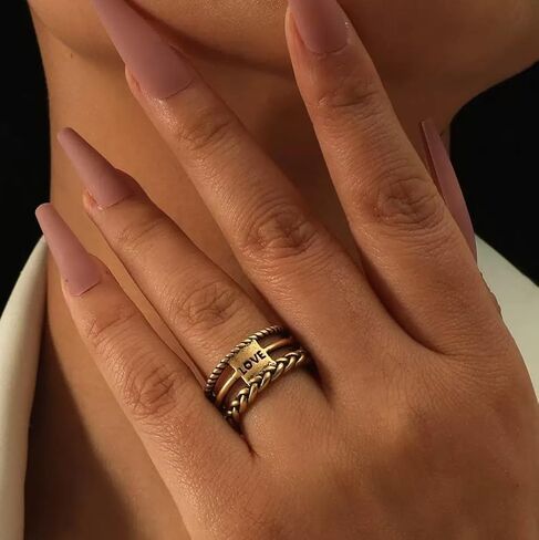 Vintage Braided Adjustable Ring, Antique Gold Tone Open Band, Multi-Layer Stackable Boho Love Ring for Women in Saudi Arabia