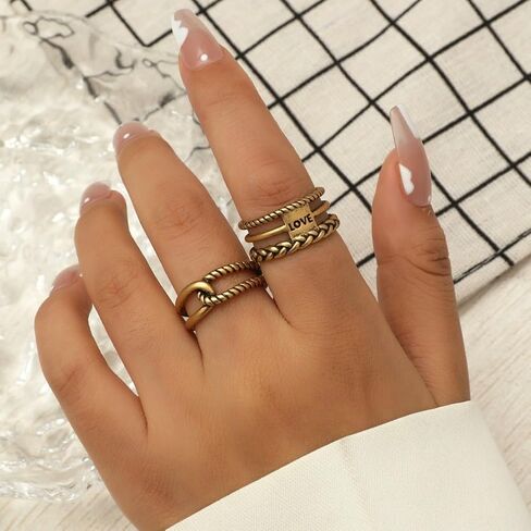 Vintage Braided Adjustable Ring, Antique Gold Tone Open Band, Multi-Layer Stackable Boho Love Ring for Women in Saudi Arabia