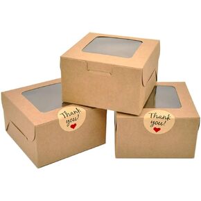 LINSHRY 50 Pack Brown Bakery Boxes, 4x4x2.5 Inches Small Pastry Treat Boxes with Window Gift Packaging Boxes for Cookies, Pastries, Mini Cakes, Donut, Pie Slice, Stickers Included