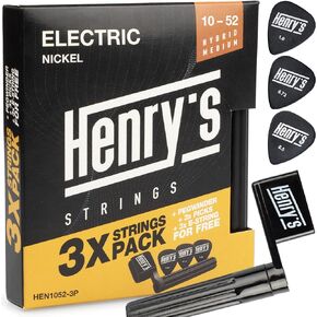 Henry's® Electric Guitar Strings - 3 Pack Electric Guitar Strings 10-52 - Extra 3 E- Strings & 3 Picks & String Winder - Guitar Strings Electric 6 String Set Hybrid Medium