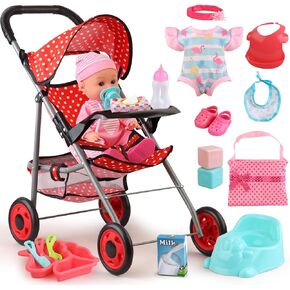 مجموعة عربة أطفال مع دمية طفل مقاس 12 بوصة، و19 قطعة من إكسسوارات دمية الطفل ومجموعتين من ملابس الدمى للفتيات والأطفال الصغار 3-5 4-6 هدايا، ألعاب عربة الدمى للعب التظاهري الواقعي in Kuwait