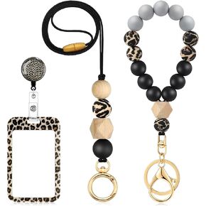 Woanger Set of 3 Leopard Beaded Lanyards for ID Badges and Keys for Women Teacher Lanyard with Keychain Holders Set