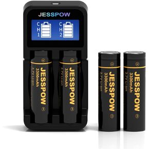 JESSPOW 4 Pack Rechargeable Battery Lithium with Charger 3.7V 3300mAh Flat Top, Batteries for Headlamps, Flashlight, Camera, Small Fan, Outdoor Garden Lights