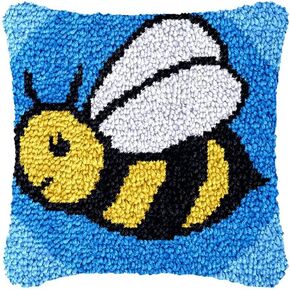 Beginner Latch Hook Kits Bee Set Sofa Cushion Cover Latch Hook Carpet Rug Acrylic Yarn,Pillowcase Craft Kits with Printed Canvas for Beginners Kids Adults - 17 x 17 Inch