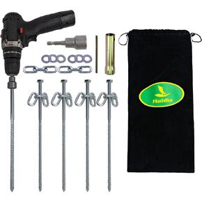 Holida 12 Pcs Screws 3/8 x 12 Tent Stakes Festival Kit with Chain Links and Washers | Hex Pegs | Heavy Duty Metal Tent Anchors & Camping Spikes with 17MM Hex Drill Adapter