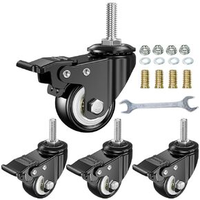YEEMIGO 2 Inch Swivel Caster Wheels Set of 4, Metric M8-1.25 Threaded stem(Bolt Diameter 8mm, Length:1″) Durable Soft Rubber casters with Double Lock Mechanism, castors for Carpet Hardwood Floor.