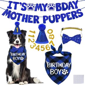 STMK Dog Birthday Decorations, Multi Sizes Dog Birthday Hat Dog Birthday Bandana Boy Bow Tie Birthday Numbers It’s My Bday Mother Puppers Banner for Small Medium Dogs Pets (Blue, Small)