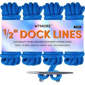 Dock Lines Boat Ropes for Docking Double Braided Mooring Marine Rope Boat Lines for Docking, Dock Lines for Boats with Loop, Boating Rope Boat Lines（2 Pack,4 Pack