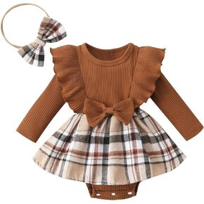 MIEKISA New Born Baby Girls Plaid Dress Infant Long Sleeve Bodysuit