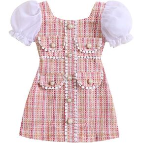 LXXIASHI Toddler Baby Girls Tweed Plaid Dress Square Neck Puff Short Sleeve Fake Pockets Elegant Party Clothes