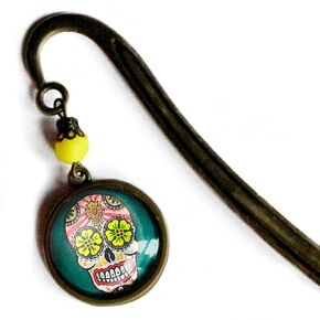 Sugar Skull with Yellow Flower Eyes Brass Bookmark with Reversed Decoupage Glass Cabochon