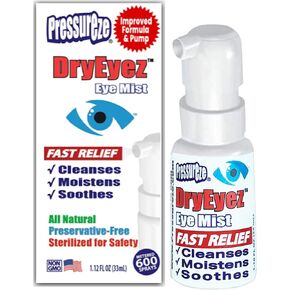 Pressureze DryEyez Natural Eye Relief for Sensitive Eyes. Dry Eyes, Sore Eyes, Irritated Eyes, Preservative-Free, Sterile. Cleanses, Moistens, Soothes 33ml, Approx 600 Metered Doses. Made in USA.