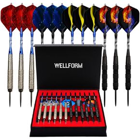 WELLFORM Darts Metal Tip Set，12 Pack 22 Gram with Nonslip Iron Barrel, Darts Steel Tip Set Professional,with 12 Aluminum Dart Shafts, 24 Extra Flights, Dart Sharpener, Dart Wrench, Stylish Gift Box
