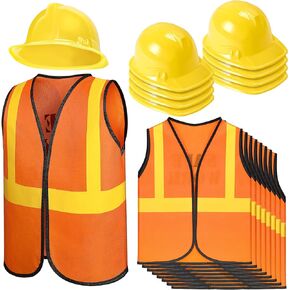 Geyoga 16 Pcs Construction Vest for Kids Party Favors Hard Hat Construction Dressing Up Supplies Construction Funny Worker Costume for Birthday Party, Including 8 Vests and 8 Construction Hats