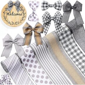 6 Rolls 30 Yards Farmhouse Wired Ribbon 2.5 inch Candy Cane Striped Polka Dot Buffalo Plaid Craft Ribbon for Wreaths Party Decorations(Gray)