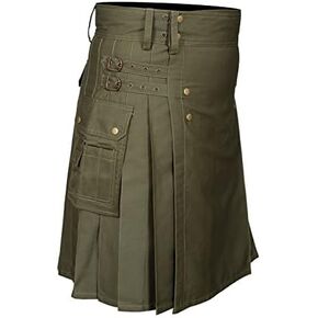 Kilts for Men Utility Kilt Cotton Cargo Pockets (Belly Button Measurements 46, Olive Green)