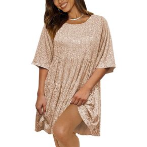 MIYIEONZ Women Sequin Dress Sparkly Short Flowy Tiered Ruffle Casual Loose Shiny Glitter Party Club Night Out Dress