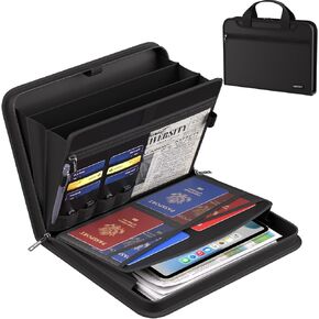 ENGPOW Document Organizer Folder,Fireproof Expanding File Folder with Multi Pockets,3 Pockets File Organizer with Handle,Portable Home Travel Safe Storage for Important Documents,Passport,Laptop