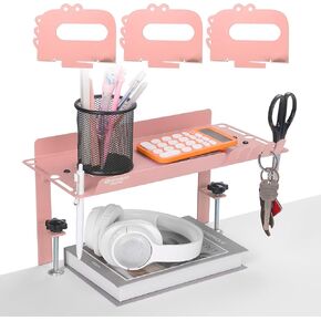 yamagahome Clamp-on Desk Shelf, Metal Desktop Display Shelf, Desk Extension Shelf with Hanging Hooks & Pen Holder, Adjustable Desktop Organizer for Desktop Storage, Office Organization (Pink) in Kuwait