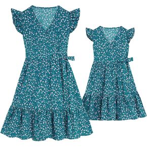 AWIBMK Mommy and Me Matching Dresses Boho Floral Ruffle A Line Dress Summer Self-Tied Belt Mom Daughter Outfits