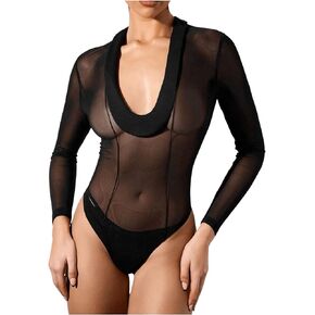 OYOANGLE Women's Sheer Mesh Plunge Neck Bodysuit Long Sleeve Stitching Neckline Slim Fit Leotard in Saudi Arabia