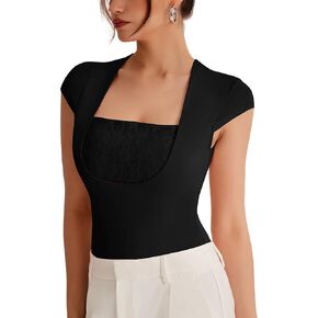 REORIA Women's Scoop Neck Cap Sleeve Sexy Lace Bodysuits Tops 2024 Spring/Summer Designer Collection