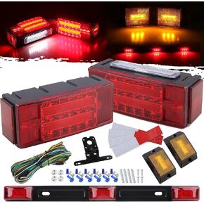 12V Submersible LED Boat Trailer Lights Kit, Rectangle LED Stop Brake Turn Signal Running License Light w/Amber Trailer Marker Lights Reflex, 15" 3-lamp Red Clearance Identification Trailer Light Bar
