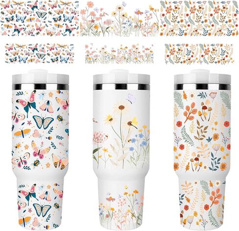 UV DTF Cup Wrap - 3 Set Flower UV DTF Cup Wraps for 40 oz Tumbler Butterfly Uvdtf Cup Wraps Plant Personalized Waterproof UV DTF Wraps for Glass Cups Wood Crafts in Kuwait