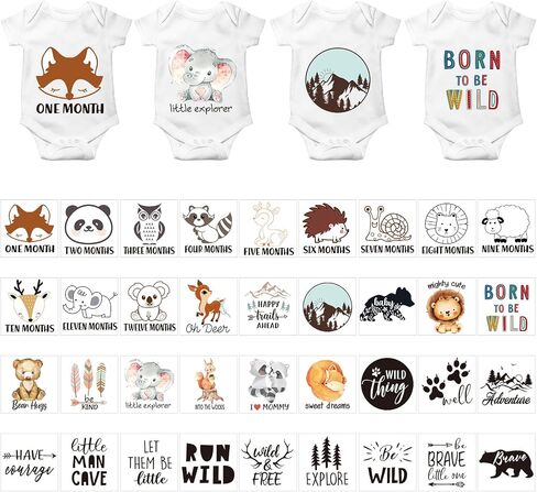 Teling 36 Pcs Iron on Decals Baby Shower Games Iron on Transfers Stickers Patches Baby Bodysuit Making Bibs Decorating Kit Funny Patch Maker for Gender Reveal T Shirt (Safari Animal) in Saudi Arabia