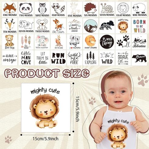Teling 36 Pcs Iron on Decals Baby Shower Games Iron on Transfers Stickers Patches Baby Bodysuit Making Bibs Decorating Kit Funny Patch Maker for Gender Reveal T Shirt (Safari Animal) in Saudi Arabia