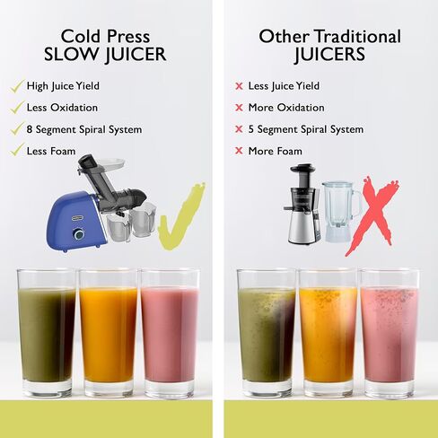 Masticating Juicer Cold Press Slow Juicer Machine - Whole Fruit and Vegetable Juice Extractor, Multiple Filters, Easy to Clean, Durable - Blue in Kuwait