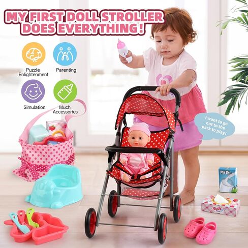 مجموعة عربة أطفال مع دمية طفل مقاس 12 بوصة، و19 قطعة من إكسسوارات دمية الطفل ومجموعتين من ملابس الدمى للفتيات والأطفال الصغار 3-5 4-6 هدايا، ألعاب عربة الدمى للعب التظاهري الواقعي in Kuwait