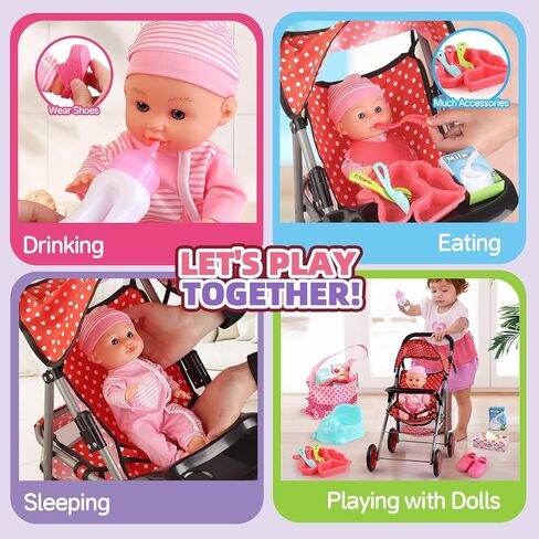 مجموعة عربة أطفال مع دمية طفل مقاس 12 بوصة، و19 قطعة من إكسسوارات دمية الطفل ومجموعتين من ملابس الدمى للفتيات والأطفال الصغار 3-5 4-6 هدايا، ألعاب عربة الدمى للعب التظاهري الواقعي in Kuwait