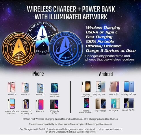 شاحن Star Trek اللاسلكي مع بطارية احتياطية مدمجة للشحن السلكي واللاسلكي عبر USB. شاحن هاتف محمول مع شعار مضاء بالزجاج الملون. هدايا ستار تريك والمقتنيات والأدوات in Kuwait