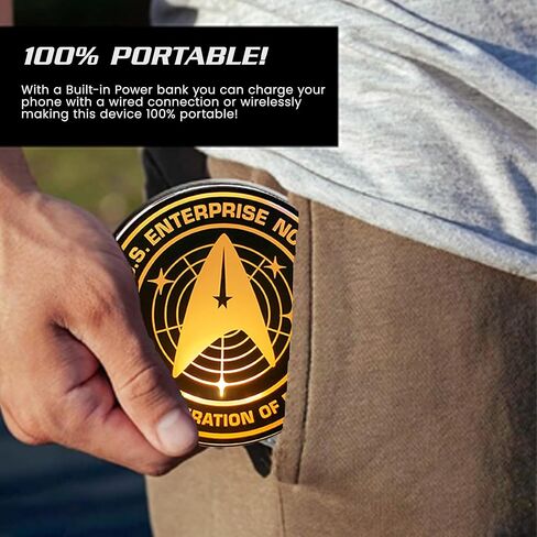 شاحن Star Trek اللاسلكي مع بطارية احتياطية مدمجة للشحن السلكي واللاسلكي عبر USB. شاحن هاتف محمول مع شعار مضاء بالزجاج الملون. هدايا ستار تريك والمقتنيات والأدوات in Kuwait
