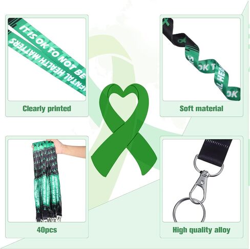 40 Pcs Mental Health Awareness Lanyard with Buckle Green Awareness Ribbon Lanyard Keychain and ID Holder for Keys or Badge Mental Badge Awareness Lanyards for Women Men Teacher Student Gifts Supplies in Saudi Arabia