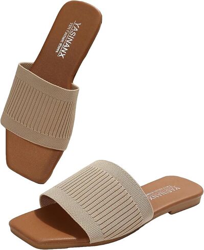 OYOANGLE Women's Square Open Toe Slide Sandals Summer Slip on Flat Sandals | Women Sandals Comfortable,Single Band Summer Beach Casual Shoes,Women Sandals Comfortable Wide in Saudi Arabia