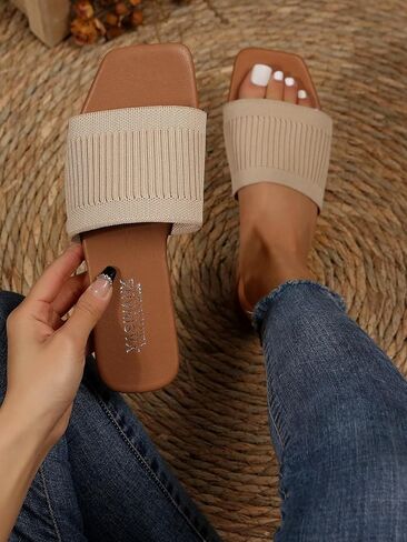 OYOANGLE Women's Square Open Toe Slide Sandals Summer Slip on Flat Sandals | Women Sandals Comfortable,Single Band Summer Beach Casual Shoes,Women Sandals Comfortable Wide in Saudi Arabia