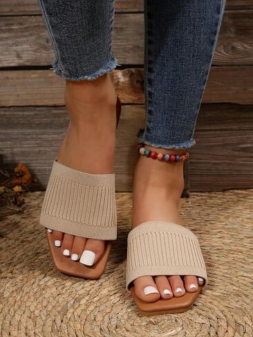 OYOANGLE Women's Square Open Toe Slide Sandals Summer Slip on Flat Sandals | Women Sandals Comfortable,Single Band Summer Beach Casual Shoes,Women Sandals Comfortable Wide in Saudi Arabia